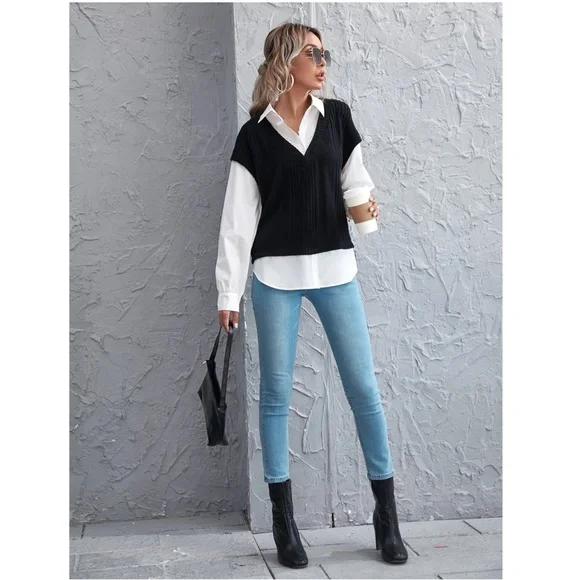 2 in 1 Black Knit Vest On White Button Up Shirt - Picture 4 of 12